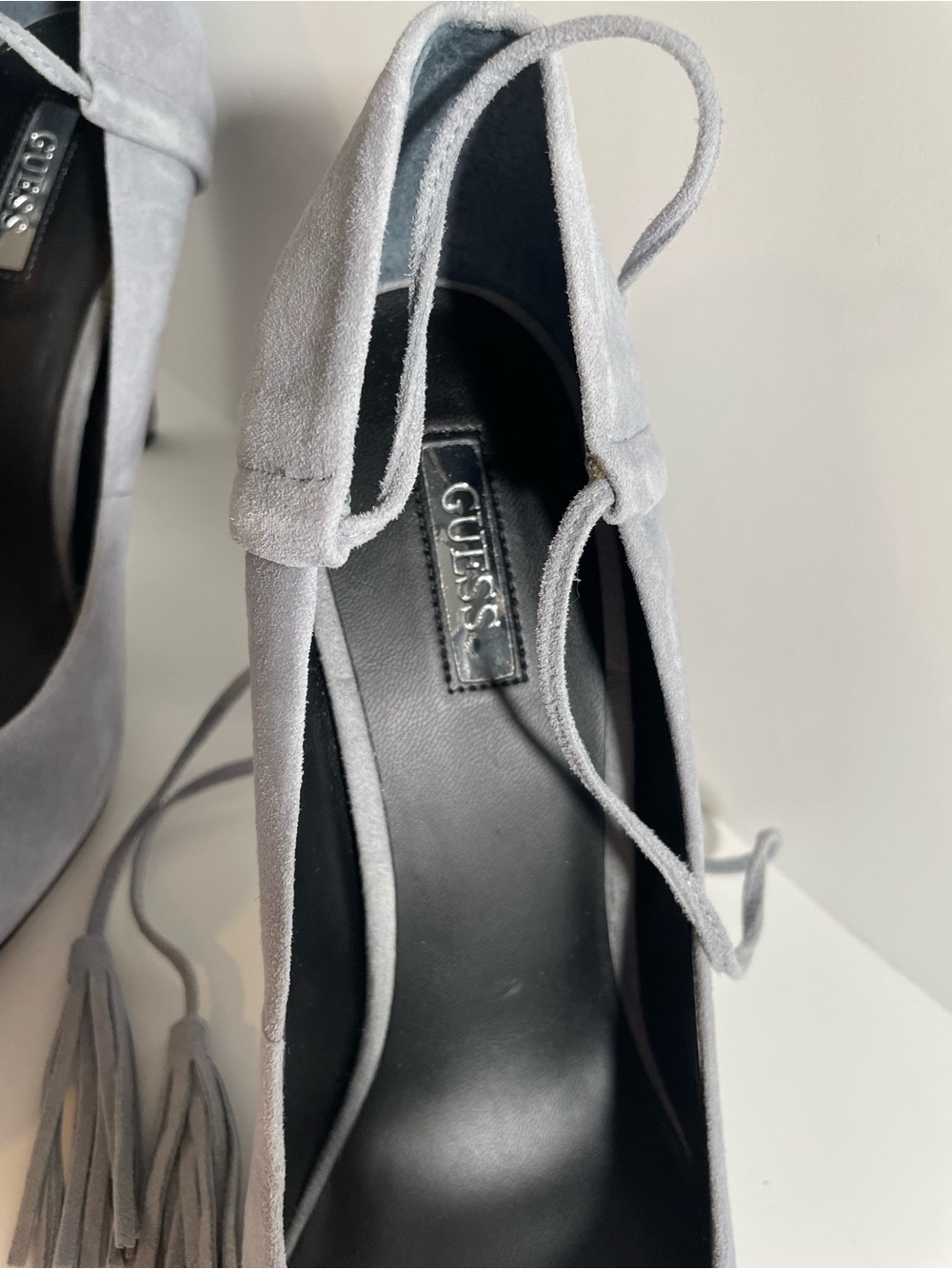 GUESS Suede Tassel Ankle-Tie Heels - Light Gray - Picture 12 of 15